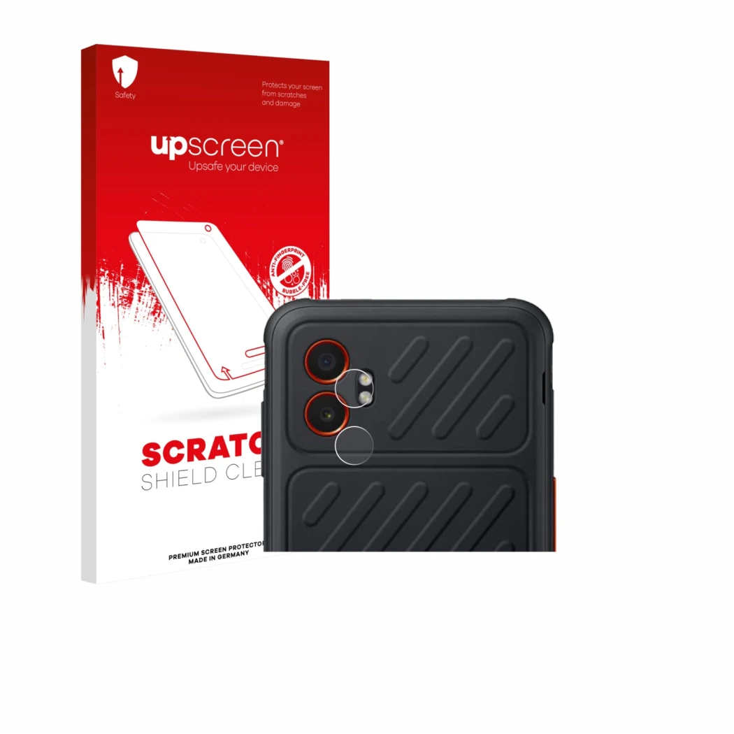 Parte frontal de un envase de producto con el logotipo de la marca upscreen. Al lado se muestra el dispositivo Samsung Galaxy