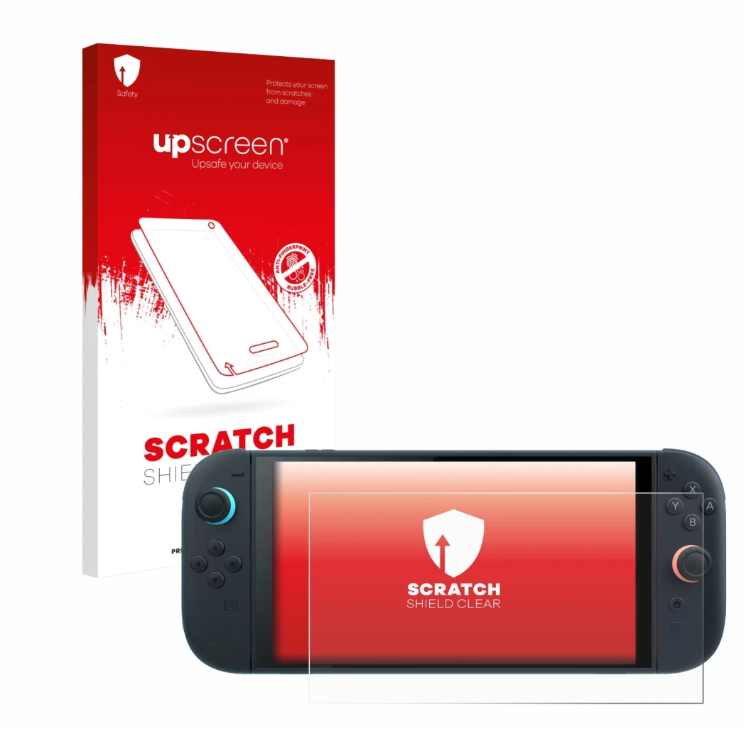Parte frontal de un envase de producto con el logotipo de la marca upscreen. Al lado se muestra el dispositivo Nintendo Switch