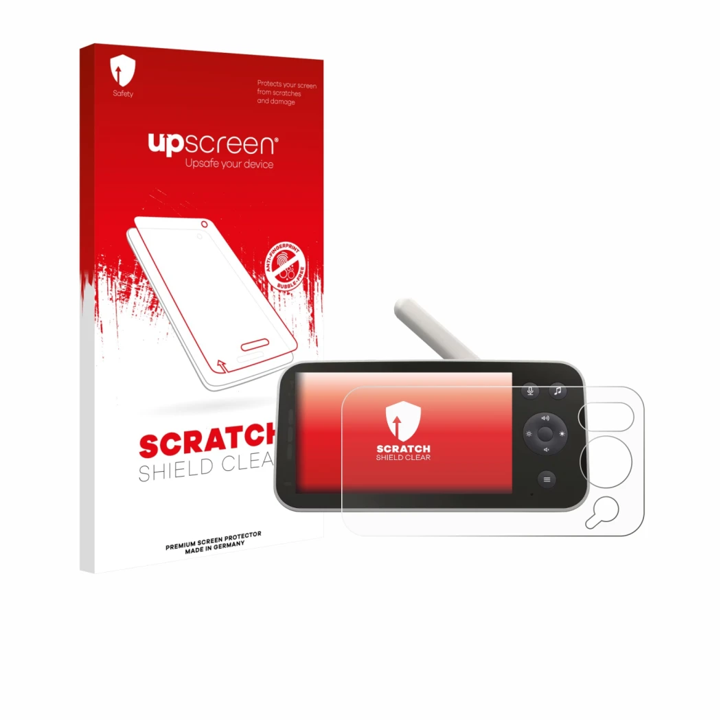 Parte frontal de un envase de producto con el logotipo de la marca upscreen. Al lado se muestra el dispositivo Philips Avent S