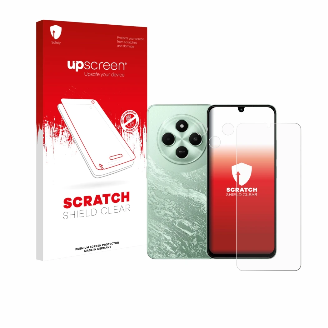 Parte frontal de un envase de producto con el logotipo de la marca upscreen. Al lado se muestra el dispositivo Xiaomi Poco C75
