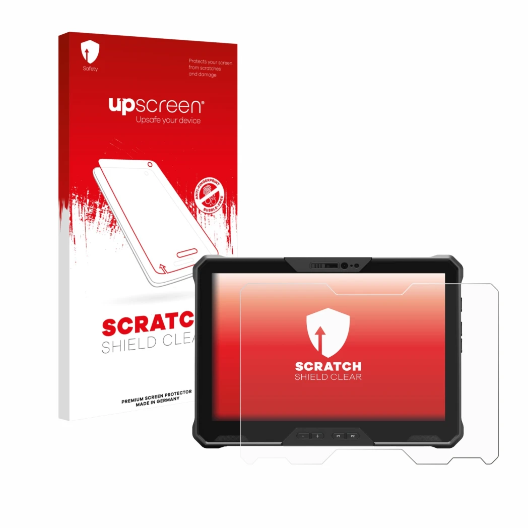 Parte frontal de un envase de producto con el logotipo de la marca upscreen. Al lado se muestra el dispositivo Dell Latitude 7