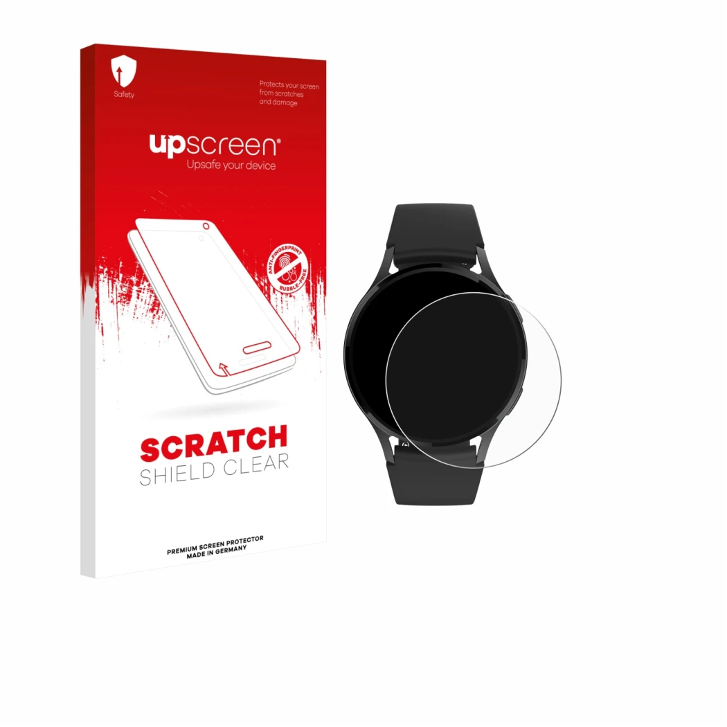 Parte frontal de un envase de producto con el logotipo de la marca upscreen. Al lado se muestra el dispositivo Levowatch EDGY