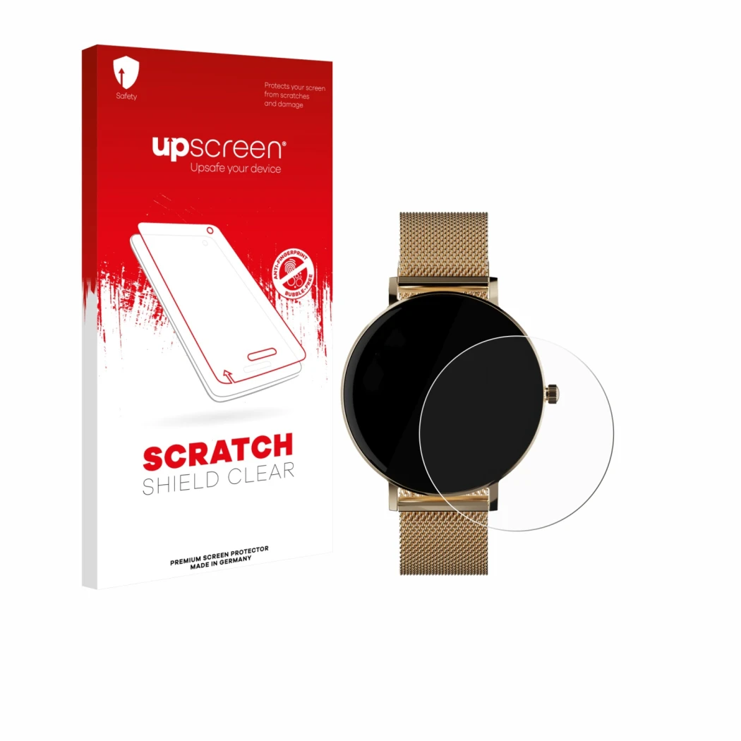 Parte frontal de un envase de producto con el logotipo de la marca upscreen. Al lado se muestra el dispositivo ZenWatch Venice