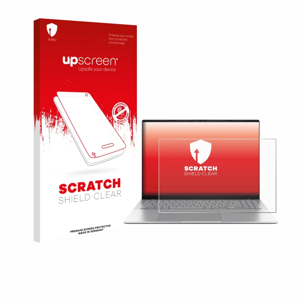 Parte frontal de un envase de producto con el logotipo de la marca upscreen. Al lado se muestra el dispositivo ASUS Vivobook S