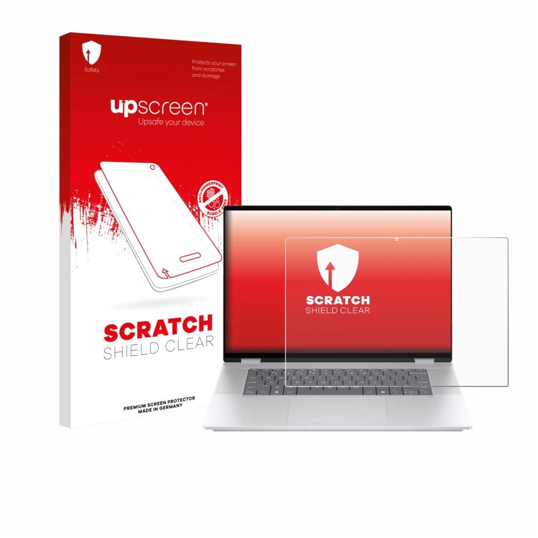 Parte frontal de un envase de producto con el logotipo de la marca upscreen. Al lado se muestra el dispositivo HP OmniBook X F