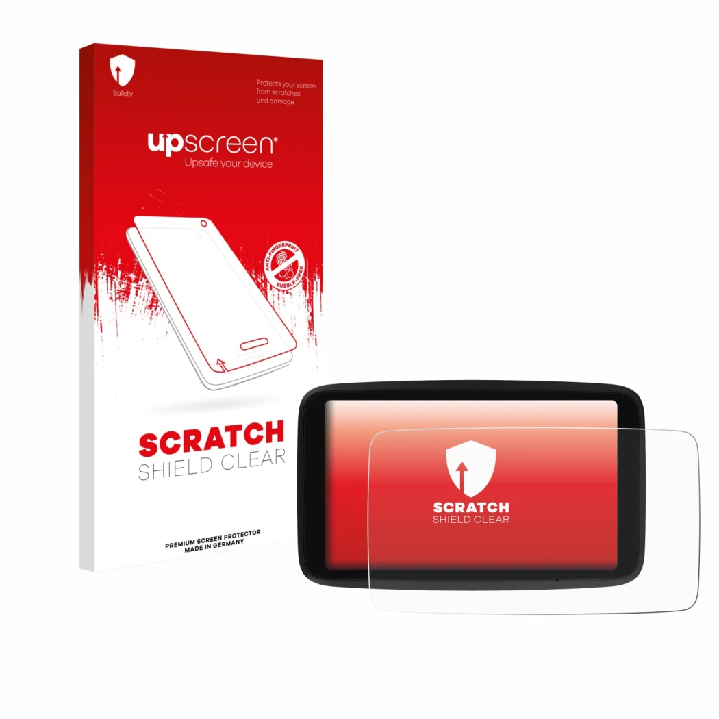 Parte frontal de un envase de producto con el logotipo de la marca upscreen. Al lado se muestra el dispositivo TomTom Go Navig