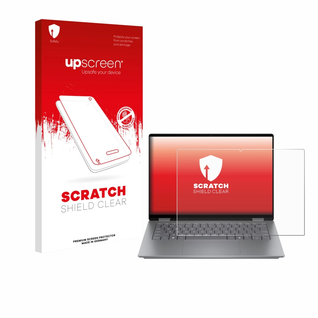 Parte frontal de un envase de producto con el logotipo de la marca upscreen. Al lado se muestra el dispositivo HP OmniBook X F