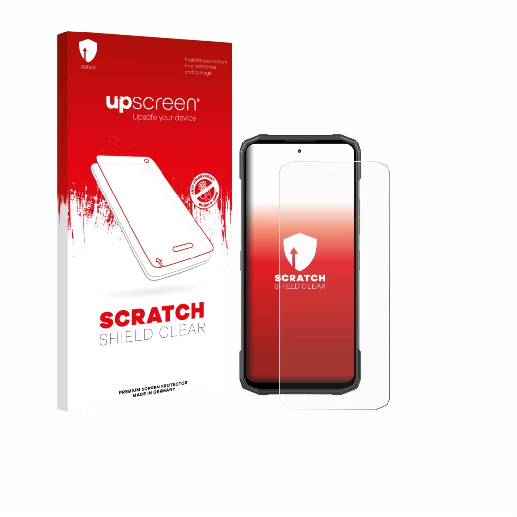 Parte frontal de un envase de producto con el logotipo de la marca upscreen. Al lado se muestra el dispositivo Doogee Blade 20