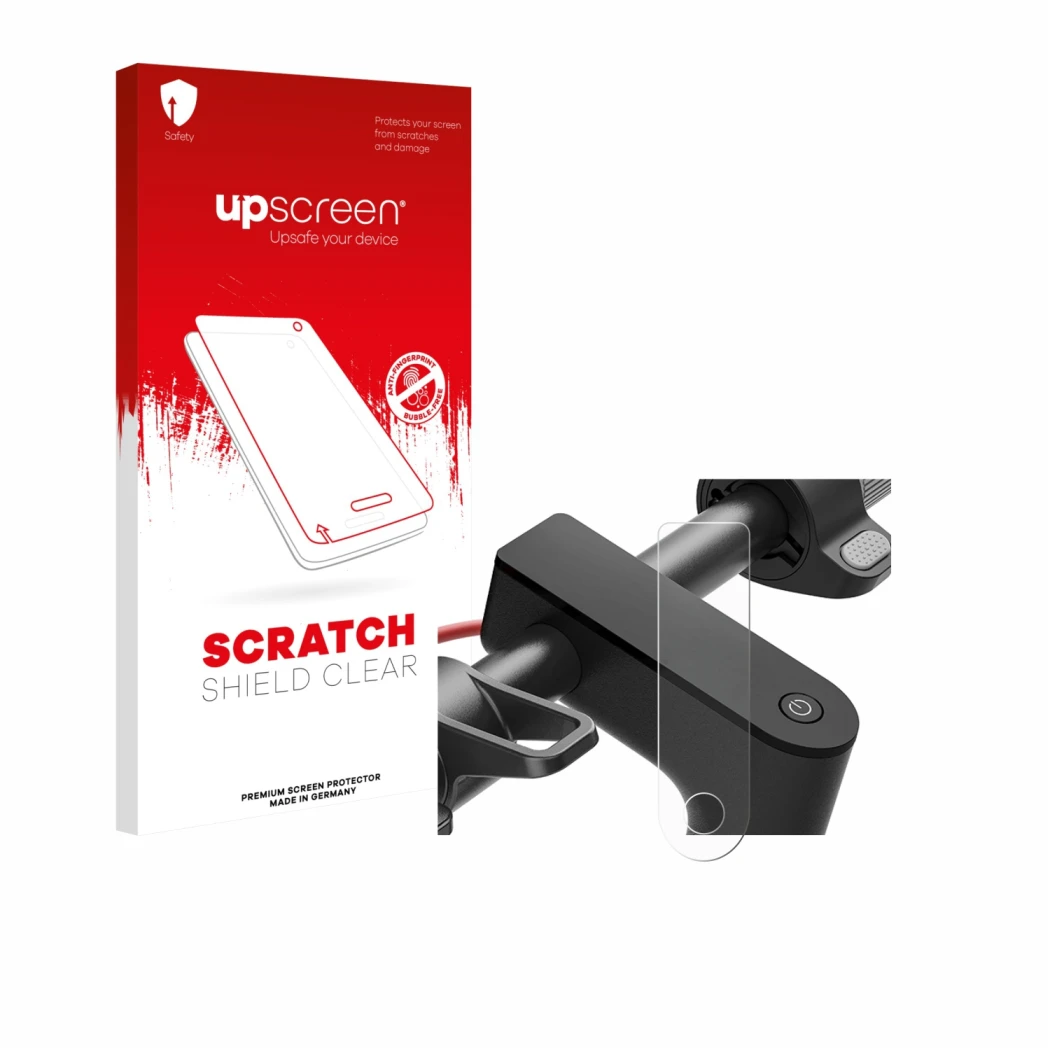 Parte frontal de un envase de producto con el logotipo de la marca upscreen. Al lado se muestra el dispositivo Xiaomi Electric