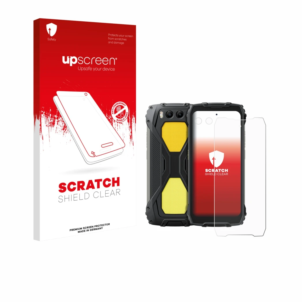 Parte frontal de un envase de producto con el logotipo de la marca upscreen. Al lado se muestra el dispositivo Blackview BV730