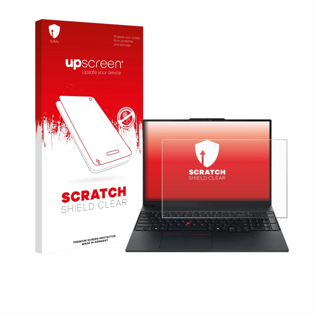 Parte frontal de un envase de producto con el logotipo de la marca upscreen. Al lado se muestra el dispositivo Lenovo ThinkPad
