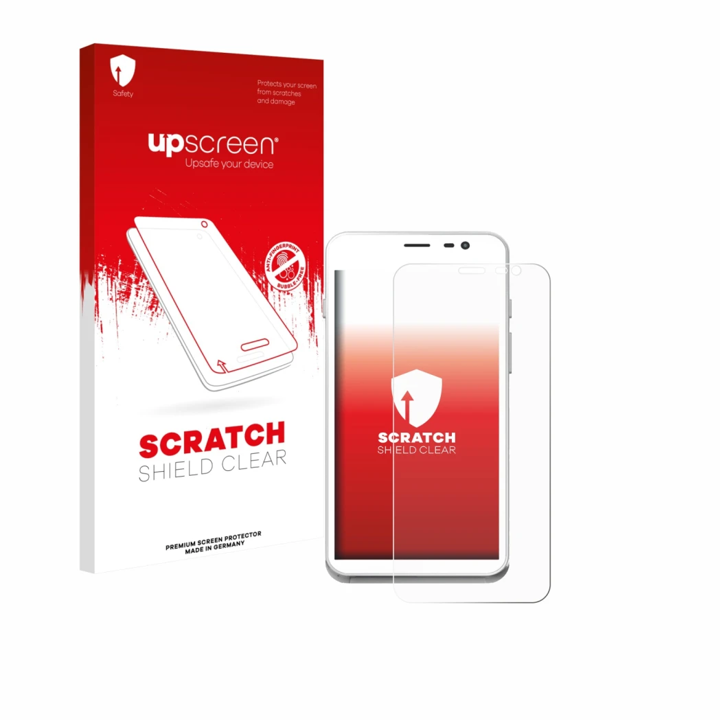 Parte frontal de un envase de producto con el logotipo de la marca upscreen. Al lado se muestra el dispositivo Pax CCV Fly A77