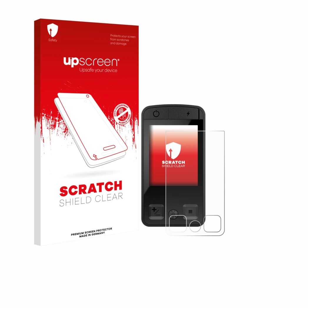 Parte frontal de un envase de producto con el logotipo de la marca upscreen. Al lado se muestra el dispositivo Bosch Kiox 400C