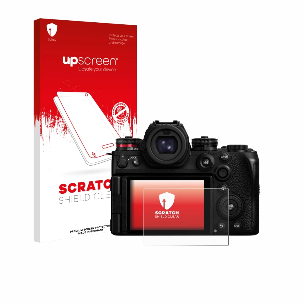 Parte frontal de un envase de producto con el logotipo de la marca upscreen. Al lado se muestra el dispositivo Panasonic Lumix