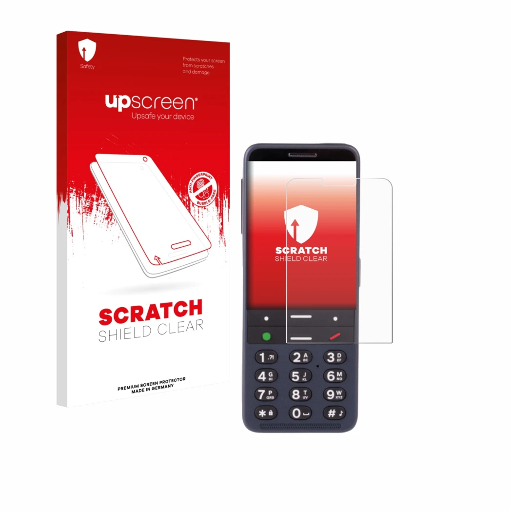 Parte frontal de un envase de producto con el logotipo de la marca upscreen. Al lado se muestra el dispositivo BlindShell Clas