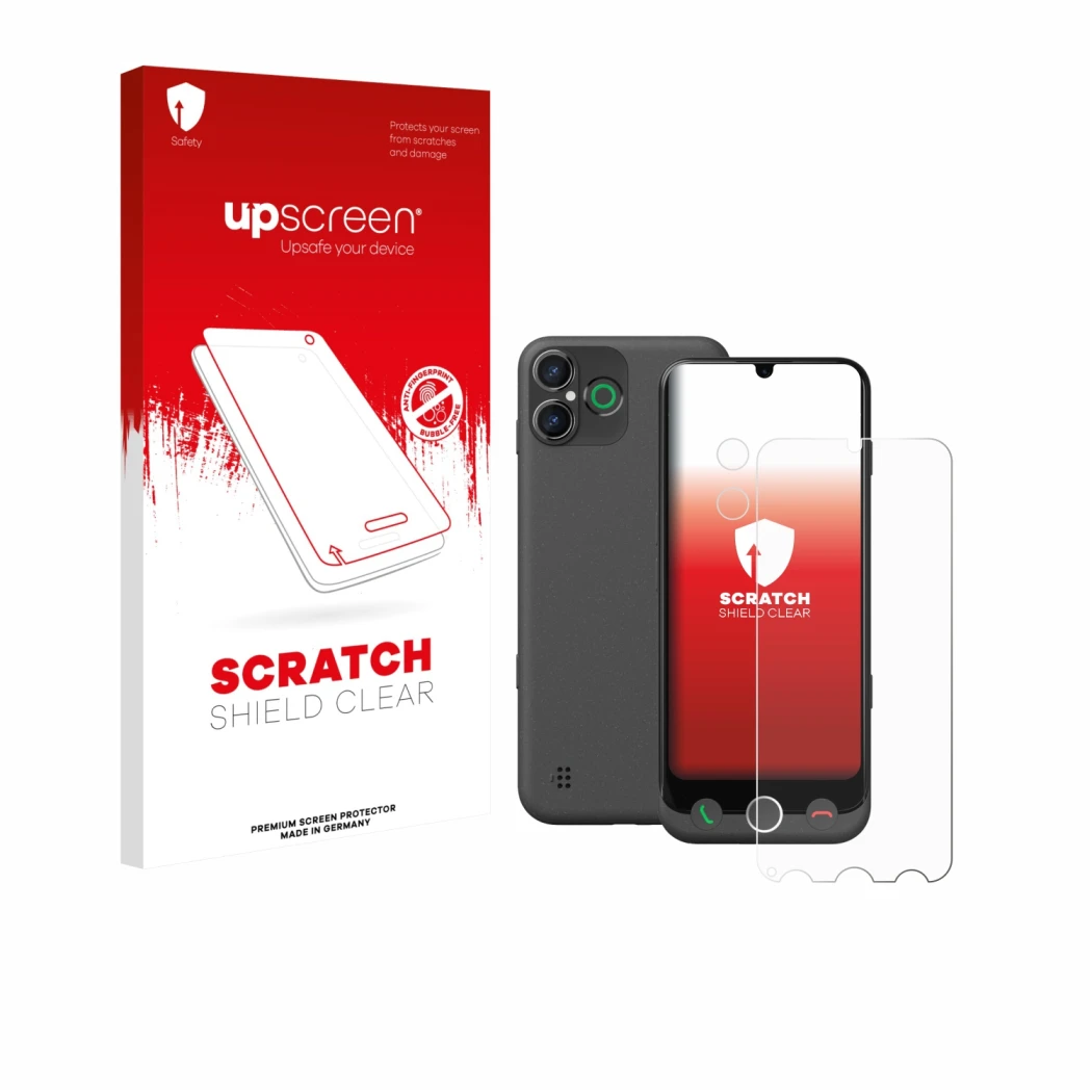 Parte frontal de un envase de producto con el logotipo de la marca upscreen. Al lado se muestra el dispositivo Doro Aurora A30