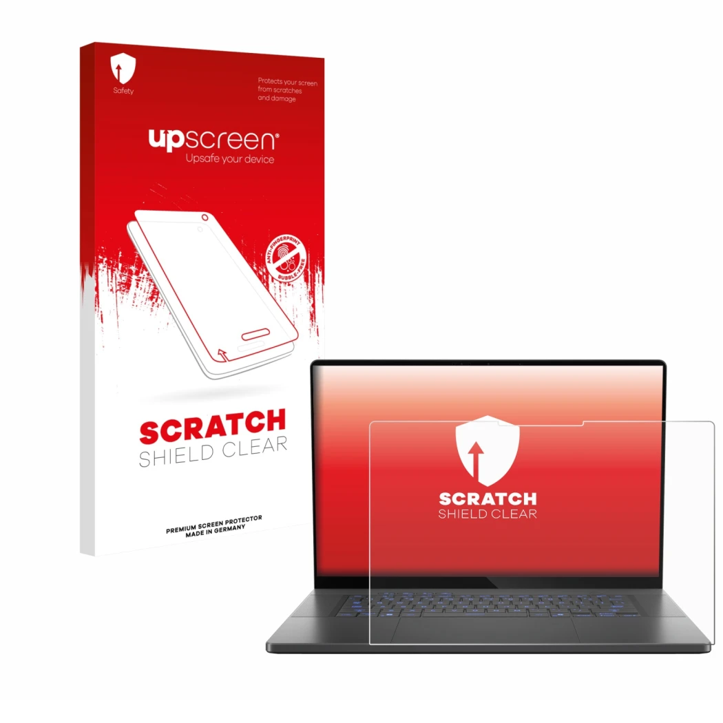 Parte frontal de un envase de producto con el logotipo de la marca upscreen. Al lado se muestra el dispositivo ASUS ROG Zephyr