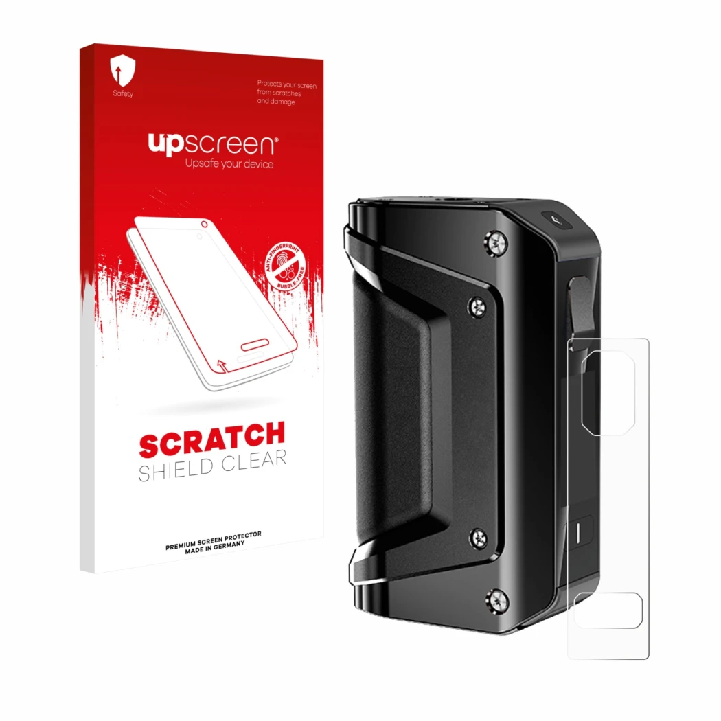 Parte frontal de un envase de producto con el logotipo de la marca upscreen. Al lado se muestra el dispositivo GeekVape Aegis 
