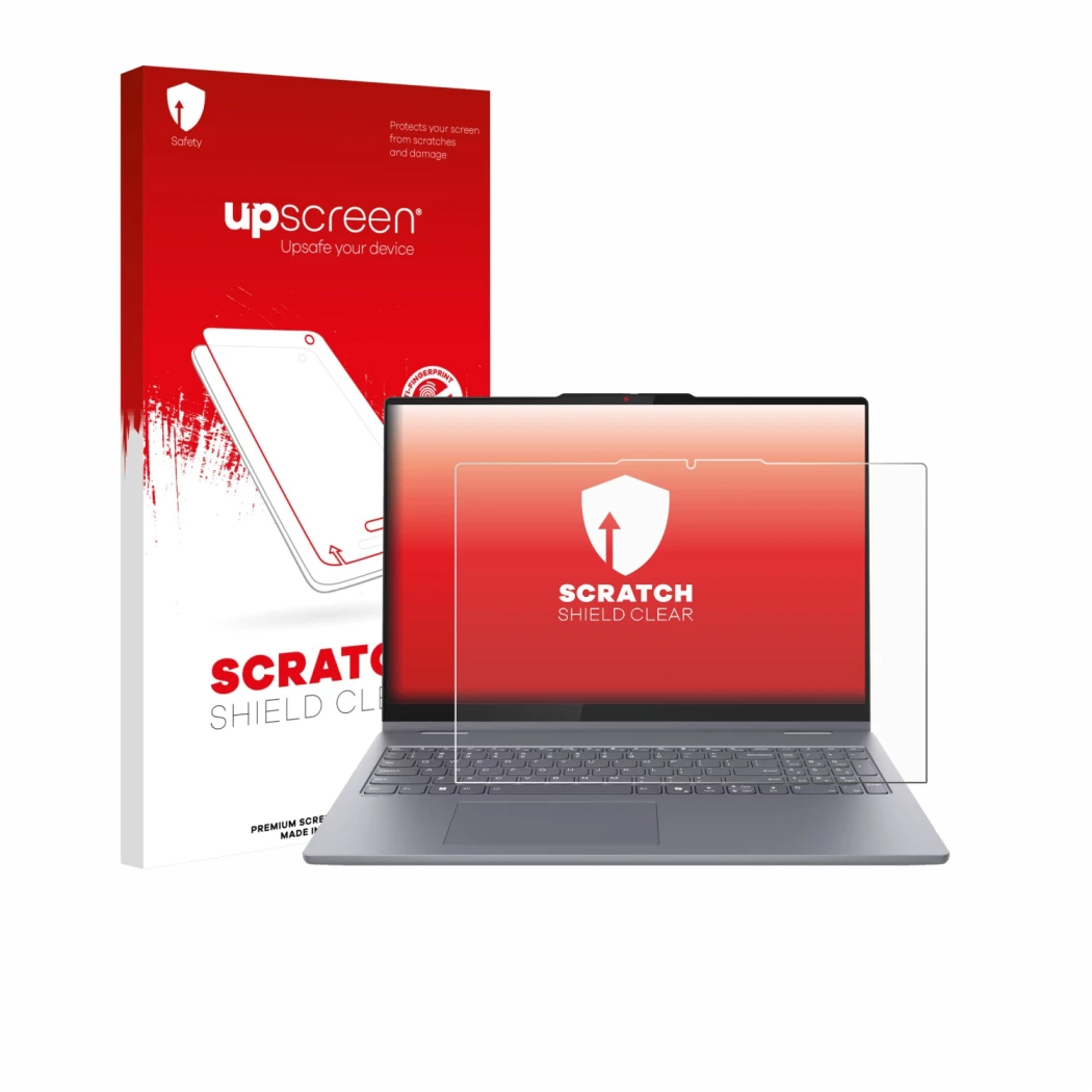 Parte frontal de un envase de producto con el logotipo de la marca upscreen. Al lado se muestra el dispositivo Lenovo IdeaPad