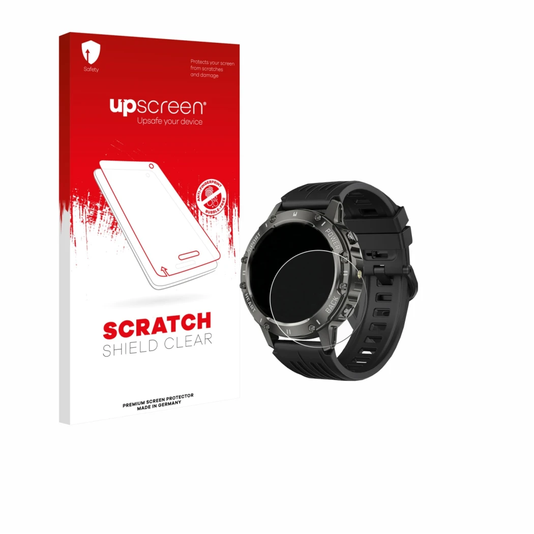 Parte frontal de un envase de producto con el logotipo de la marca upscreen. Al lado se muestra el dispositivo TIMU S81 1.39