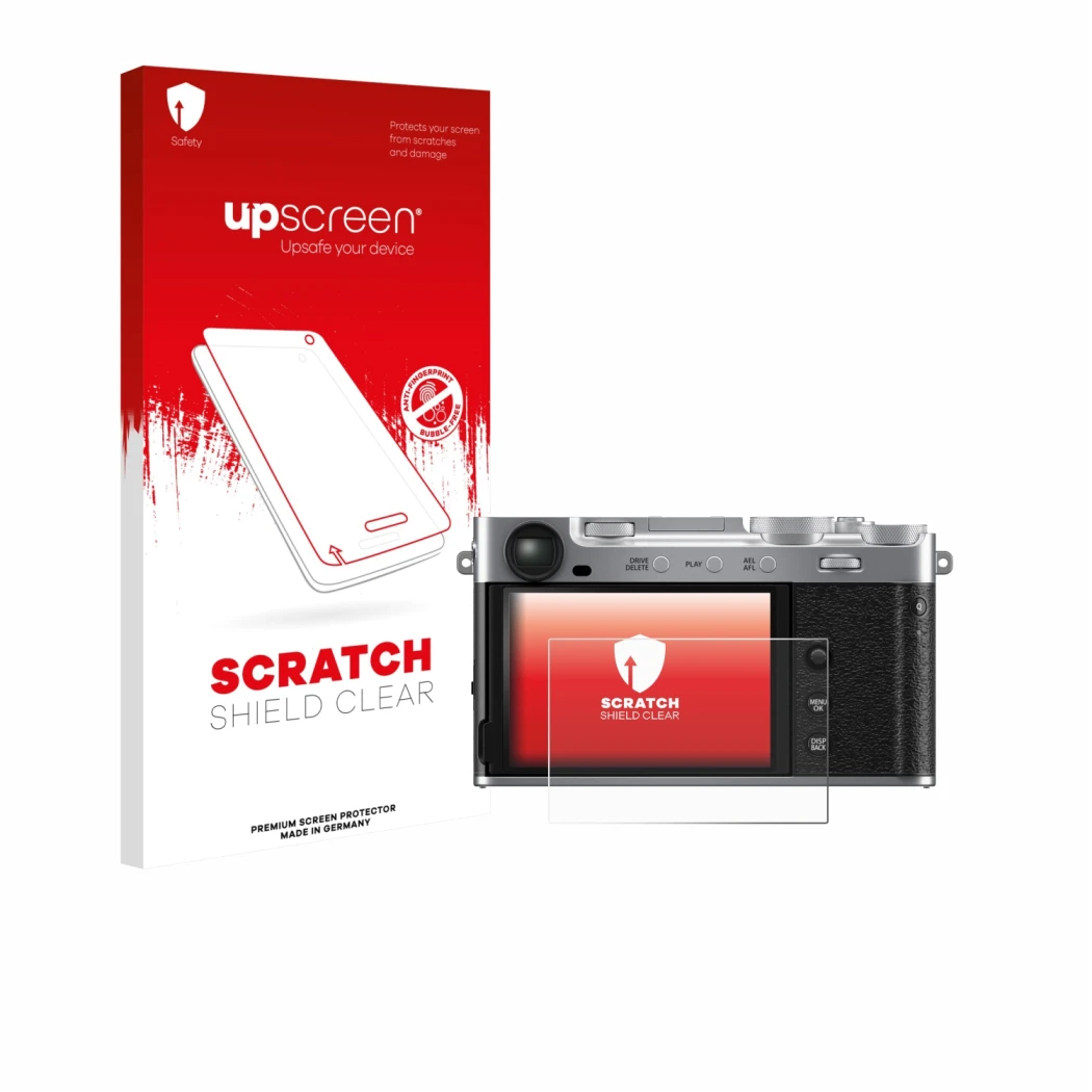 Parte frontal de un envase de producto con el logotipo de la marca upscreen. Al lado se muestra el dispositivo Fujifilm X-E5 c