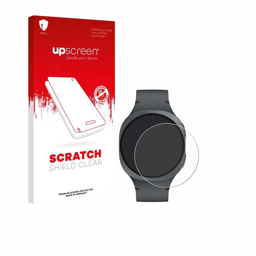 Parte frontal de un envase de producto con el logotipo de la marca upscreen. Al lado se muestra el dispositivo Samsung Galaxy 