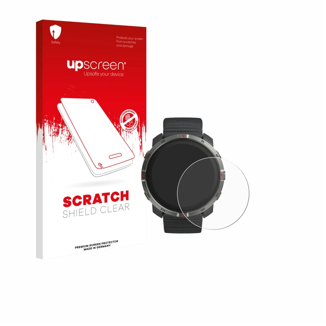 Parte frontal de un envase de producto con el logotipo de la marca upscreen. Al lado se muestra el dispositivo Polar Grit X2 c