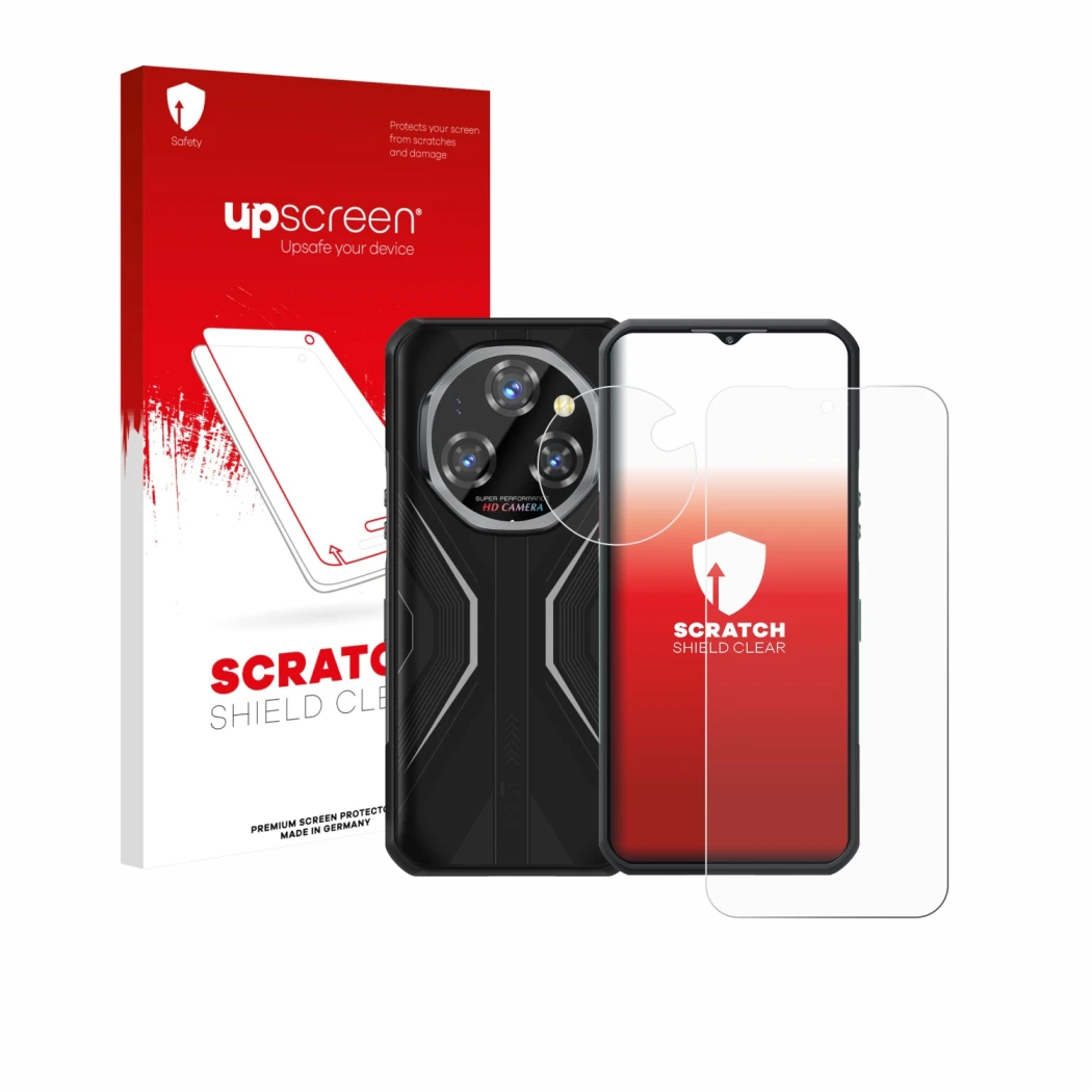 Parte frontal de un envase de producto con el logotipo de la marca upscreen. Al lado se muestra el dispositivo Oukitel WP55 Pr