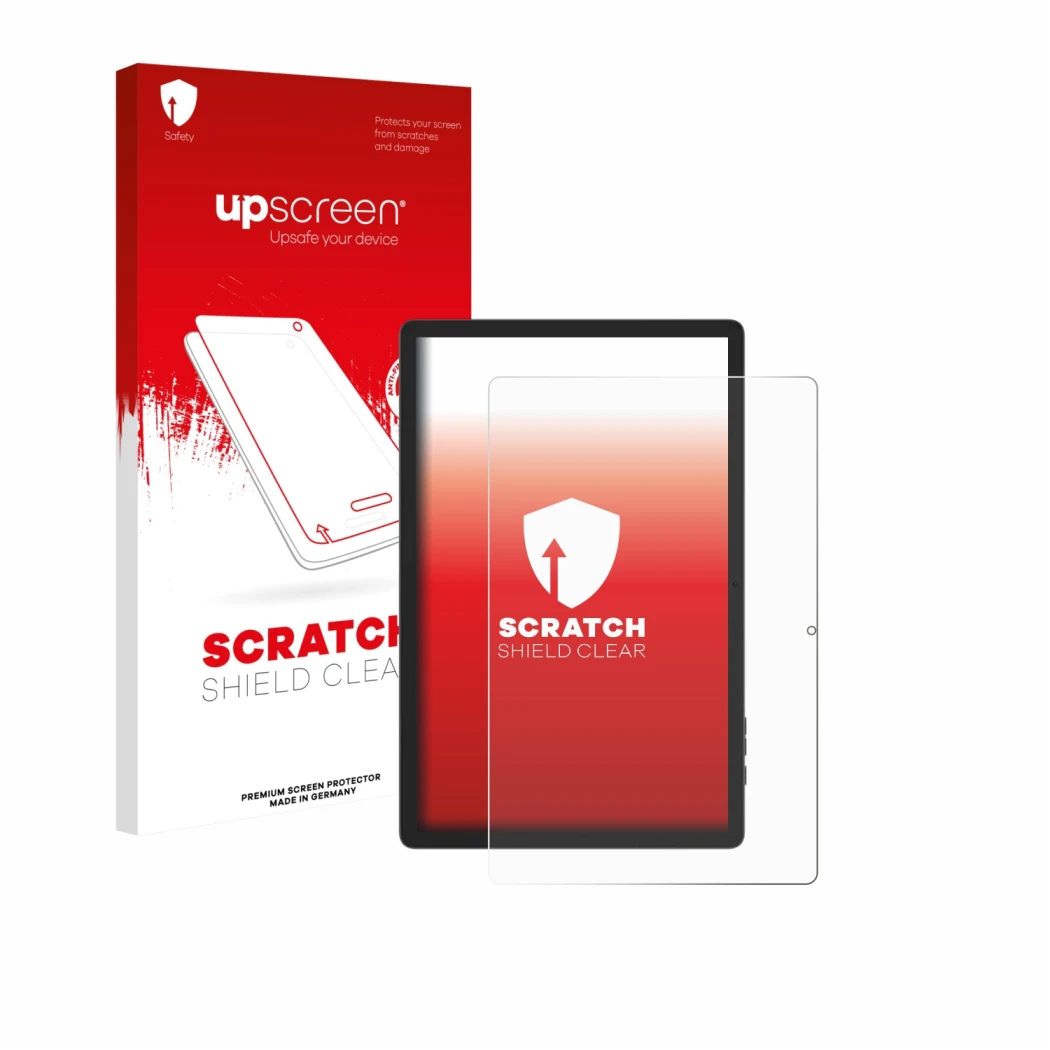Parte frontal de un envase de producto con el logotipo de la marca upscreen. Al lado se muestra el dispositivo Doogee Tab E3 P