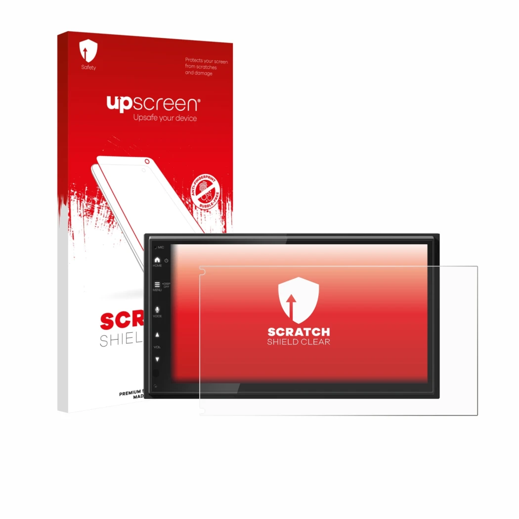 Parte frontal de un envase de producto con el logotipo de la marca upscreen. Al lado se muestra el dispositivo Kenwood DMX6523