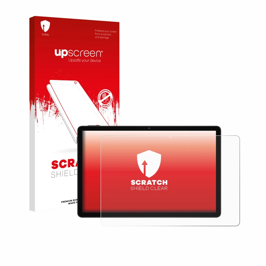 Parte frontal de un envase de producto con el logotipo de la marca upscreen. Al lado se muestra el dispositivo Doogee Tab A9 P