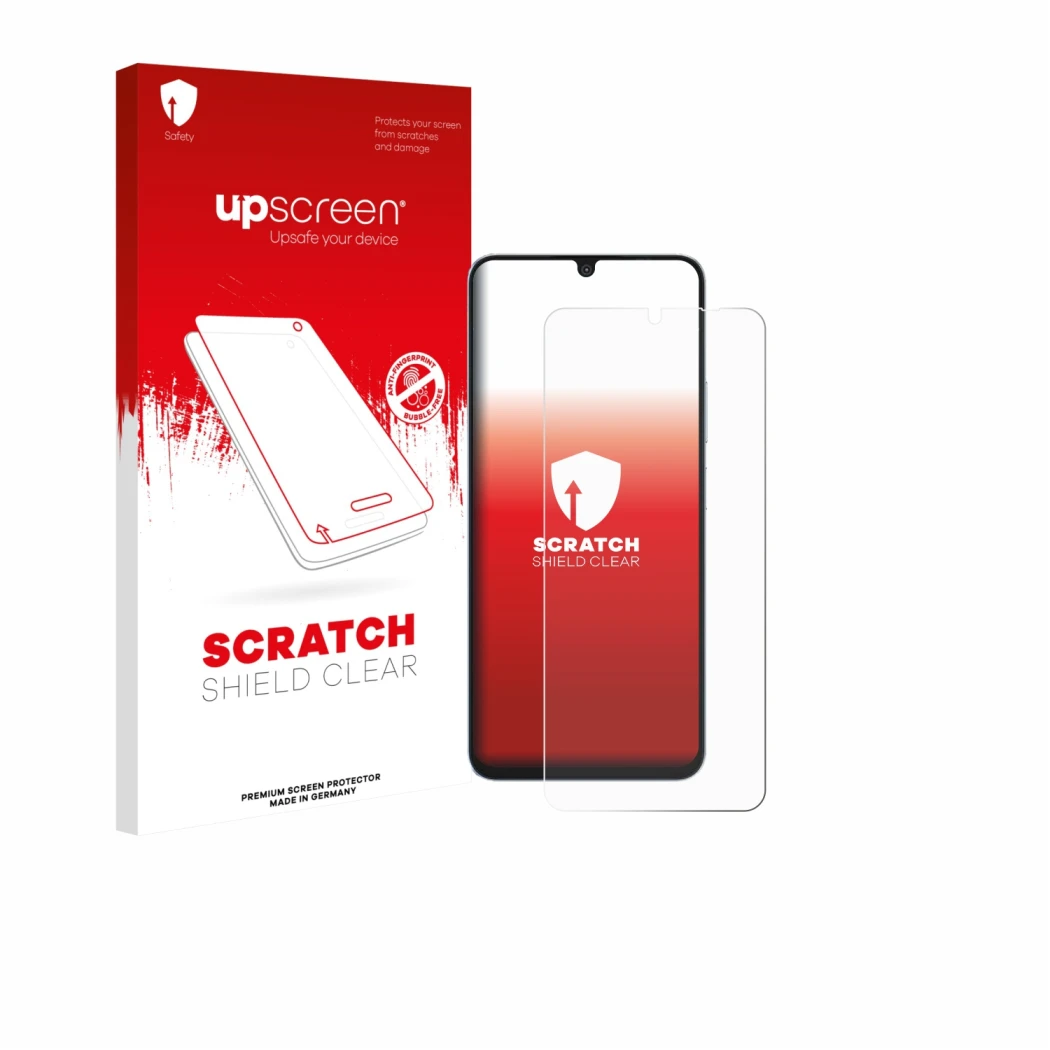 Parte frontal de un envase de producto con el logotipo de la marca upscreen. Al lado se muestra el dispositivo Blackview Shark