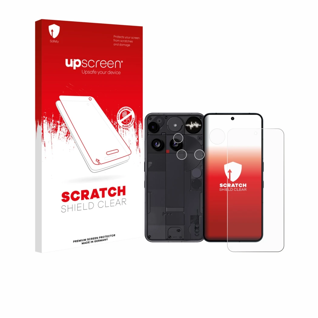 Parte frontal de un envase de producto con el logotipo de la marca upscreen. Al lado se muestra el dispositivo Nothing Phone (