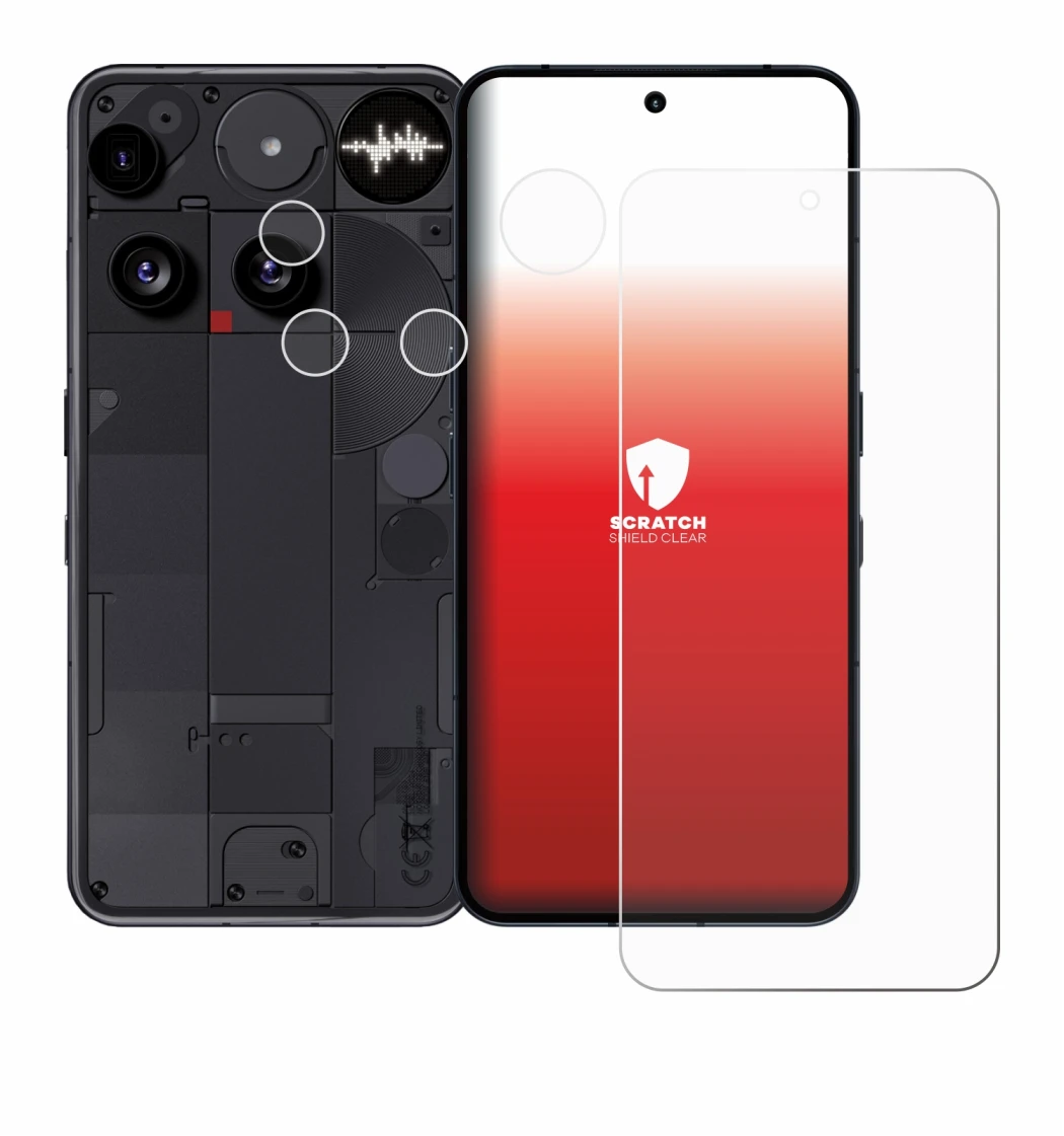 Imagen del dispositivo Nothing Phone (3) (Frontal+Cámara) con una amplia variedad de protectores de pantalla.