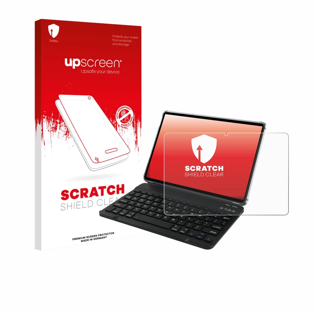 Parte frontal de un envase de producto con el logotipo de la marca upscreen. Al lado se muestra el dispositivo Tabwee T90 con