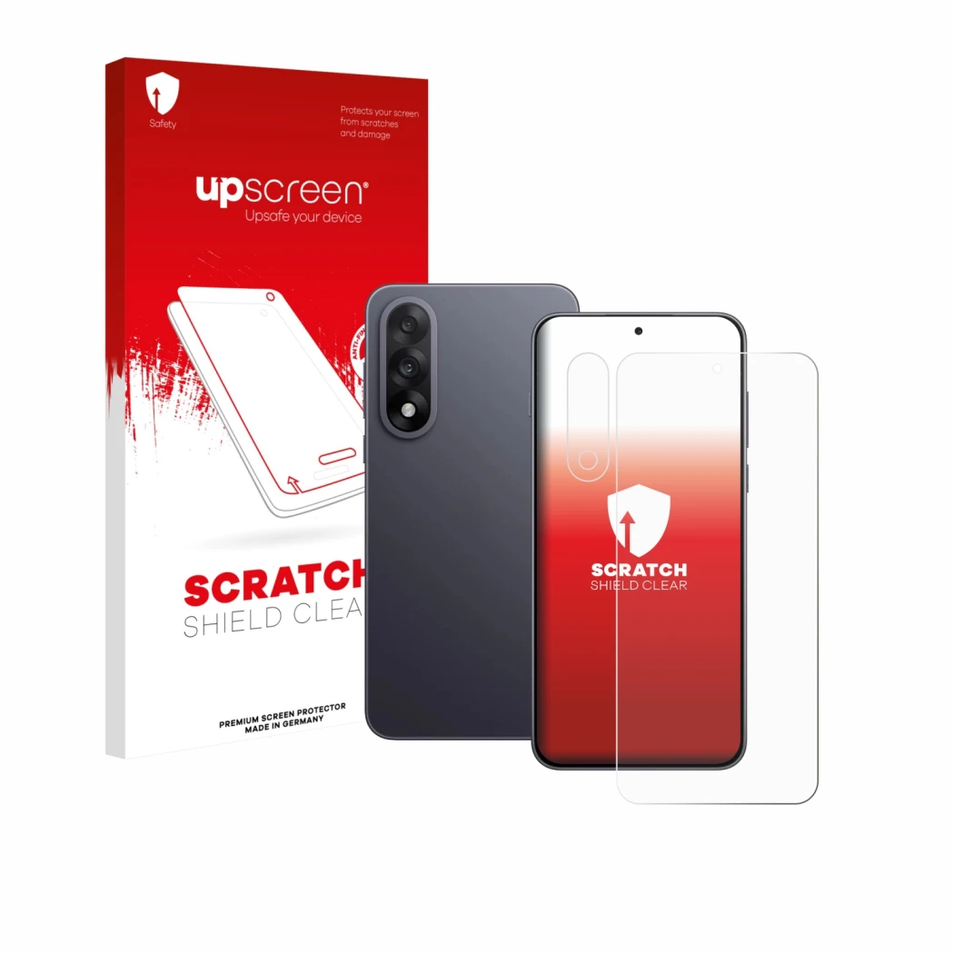 Parte frontal de un envase de producto con el logotipo de la marca upscreen. Al lado se muestra el dispositivo OnePlus Nord 5 