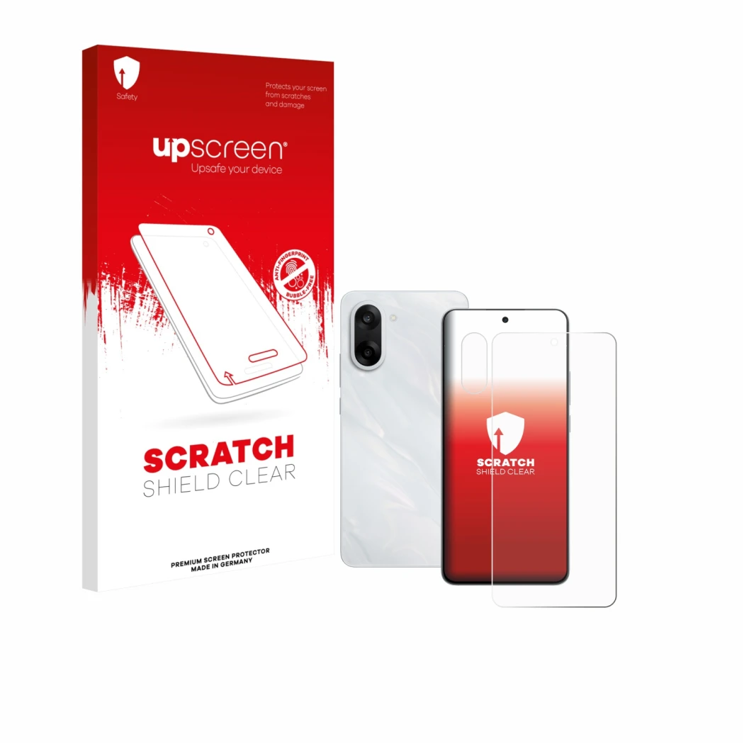 Parte frontal de un envase de producto con el logotipo de la marca upscreen. Al lado se muestra el dispositivo OnePlus Nord CE