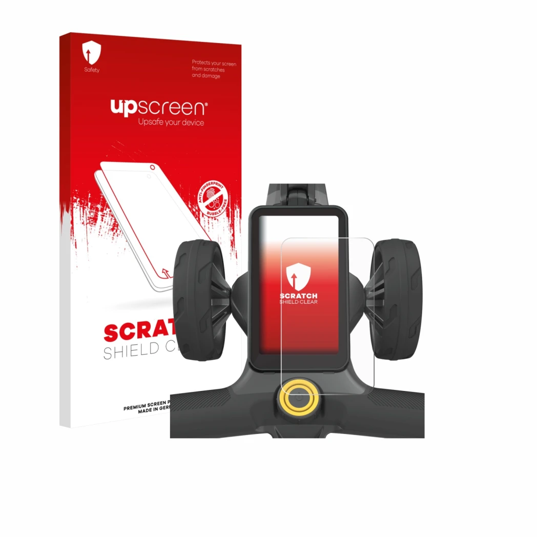 Parte frontal de un envase de producto con el logotipo de la marca upscreen. Al lado se muestra el dispositivo PowaKaddy CT12