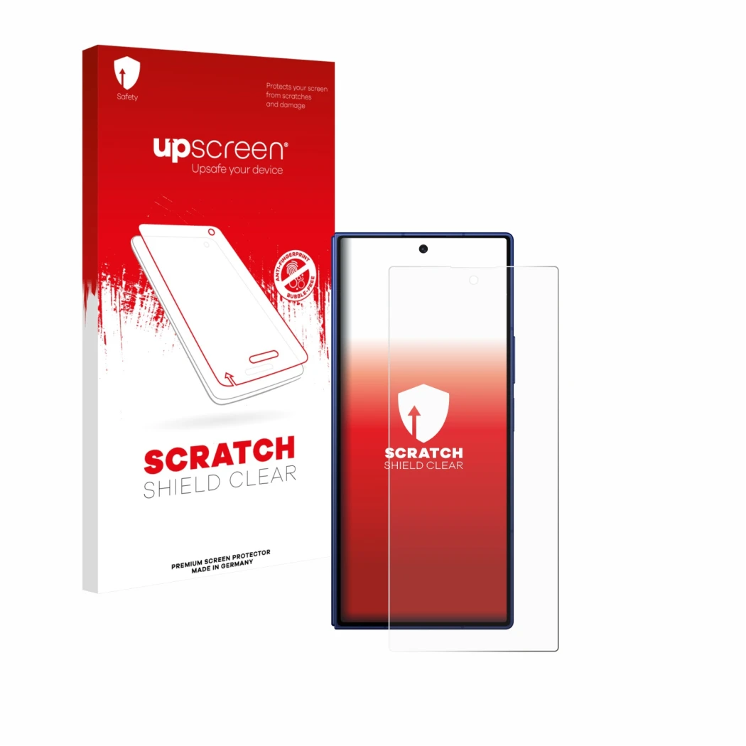 Parte frontal de un envase de producto con el logotipo de la marca upscreen. Al lado se muestra el dispositivo Samsung Galaxy 