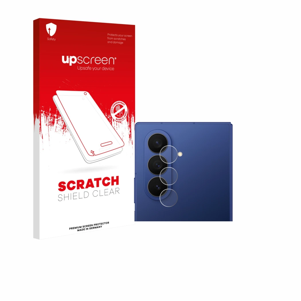 Parte frontal de un envase de producto con el logotipo de la marca upscreen. Al lado se muestra el dispositivo Samsung Galaxy