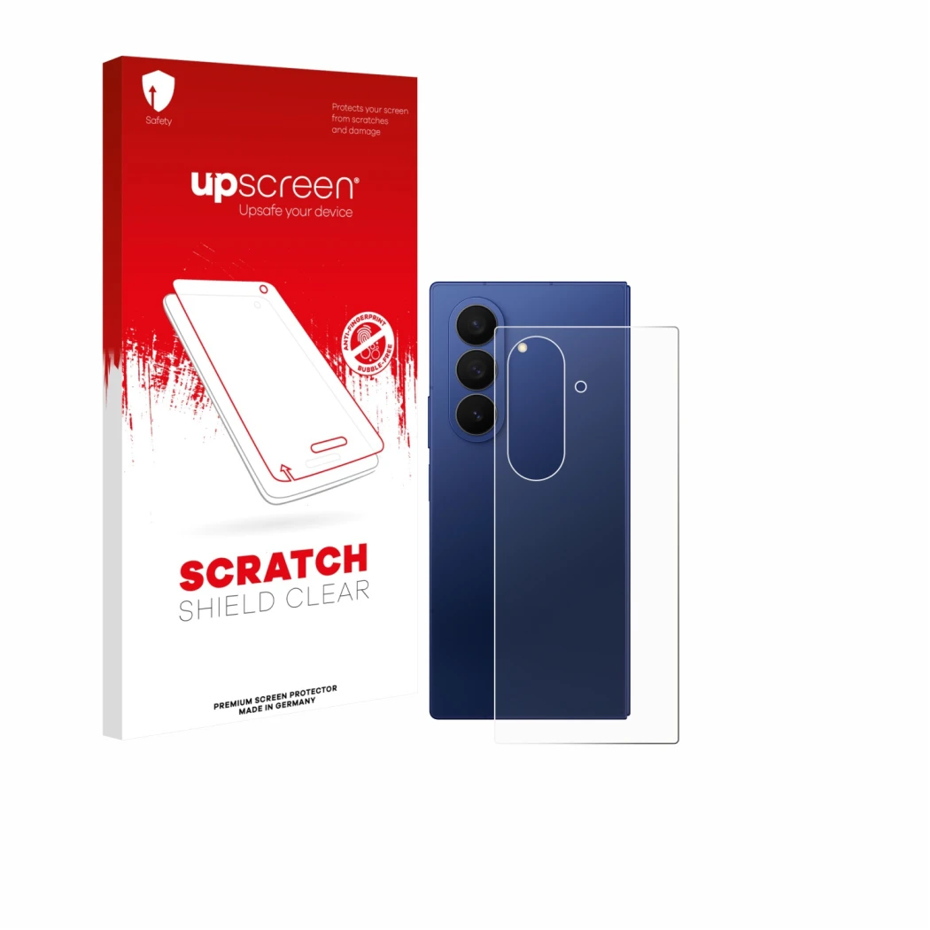 Parte frontal de un envase de producto con el logotipo de la marca upscreen. Al lado se muestra el dispositivo Samsung Galaxy