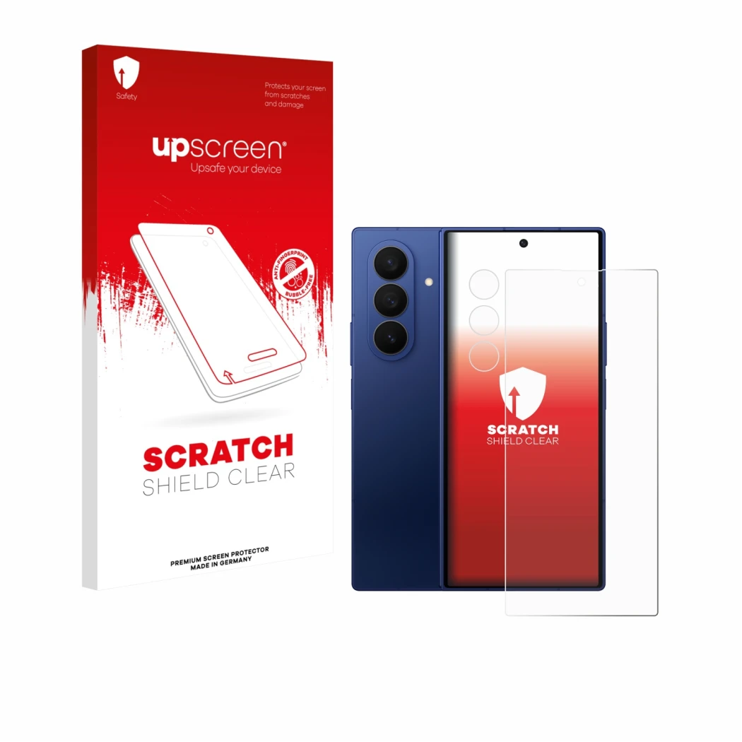 Parte frontal de un envase de producto con el logotipo de la marca upscreen. Al lado se muestra el dispositivo Samsung Galaxy 