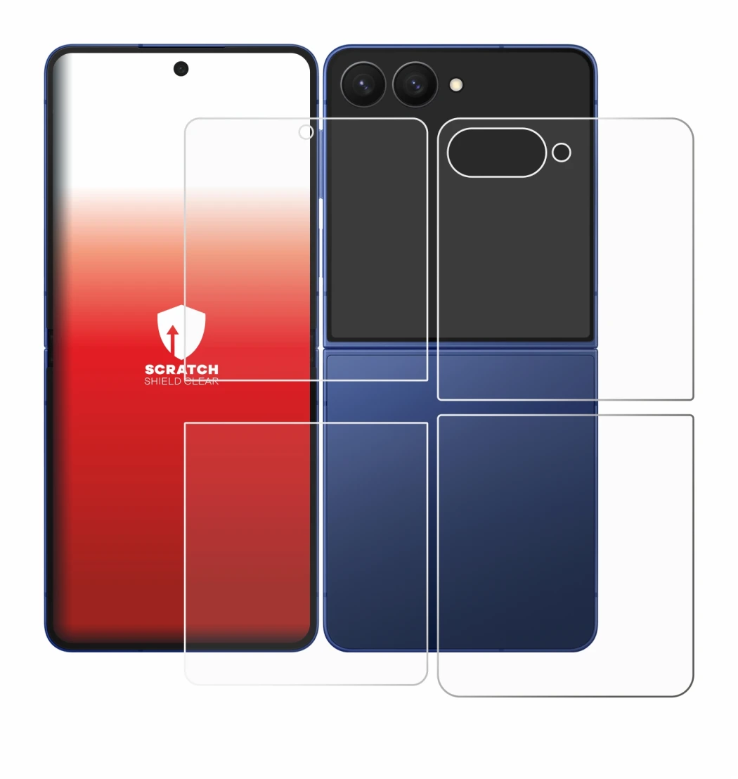 Imagen del dispositivo Samsung Galaxy Z Flip 7 (Frontal+Trasero) con una amplia variedad de protectores de pantalla.