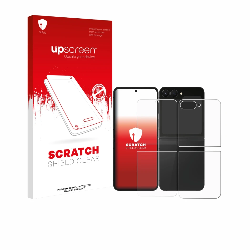 Parte frontal de un envase de producto con el logotipo de la marca upscreen. Al lado se muestra el dispositivo Samsung Galaxy
