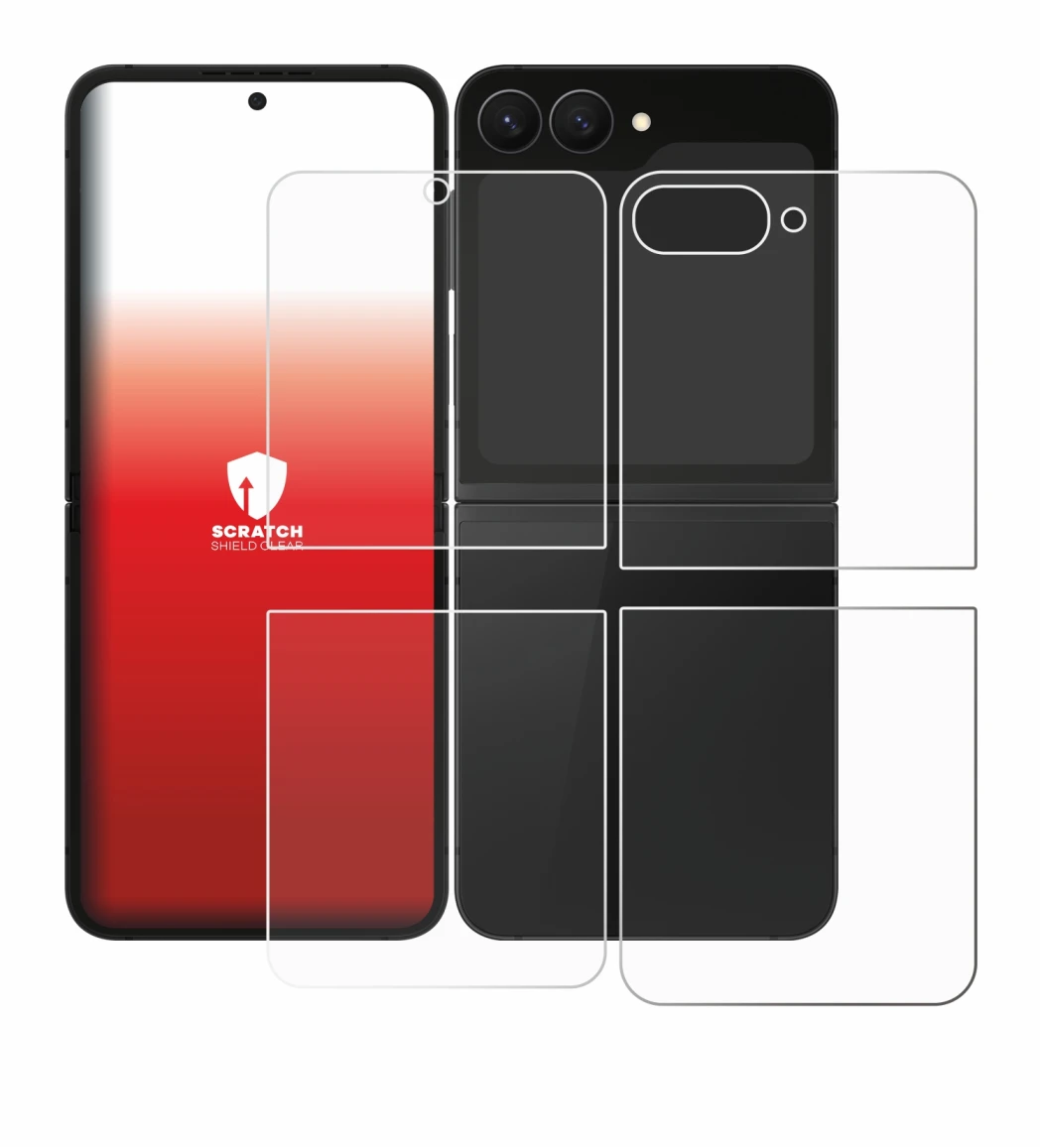 Imagen del dispositivo Samsung Galaxy Z Flip 7 FE (Frontal+Trasero) con una amplia variedad de protectores de pantalla.