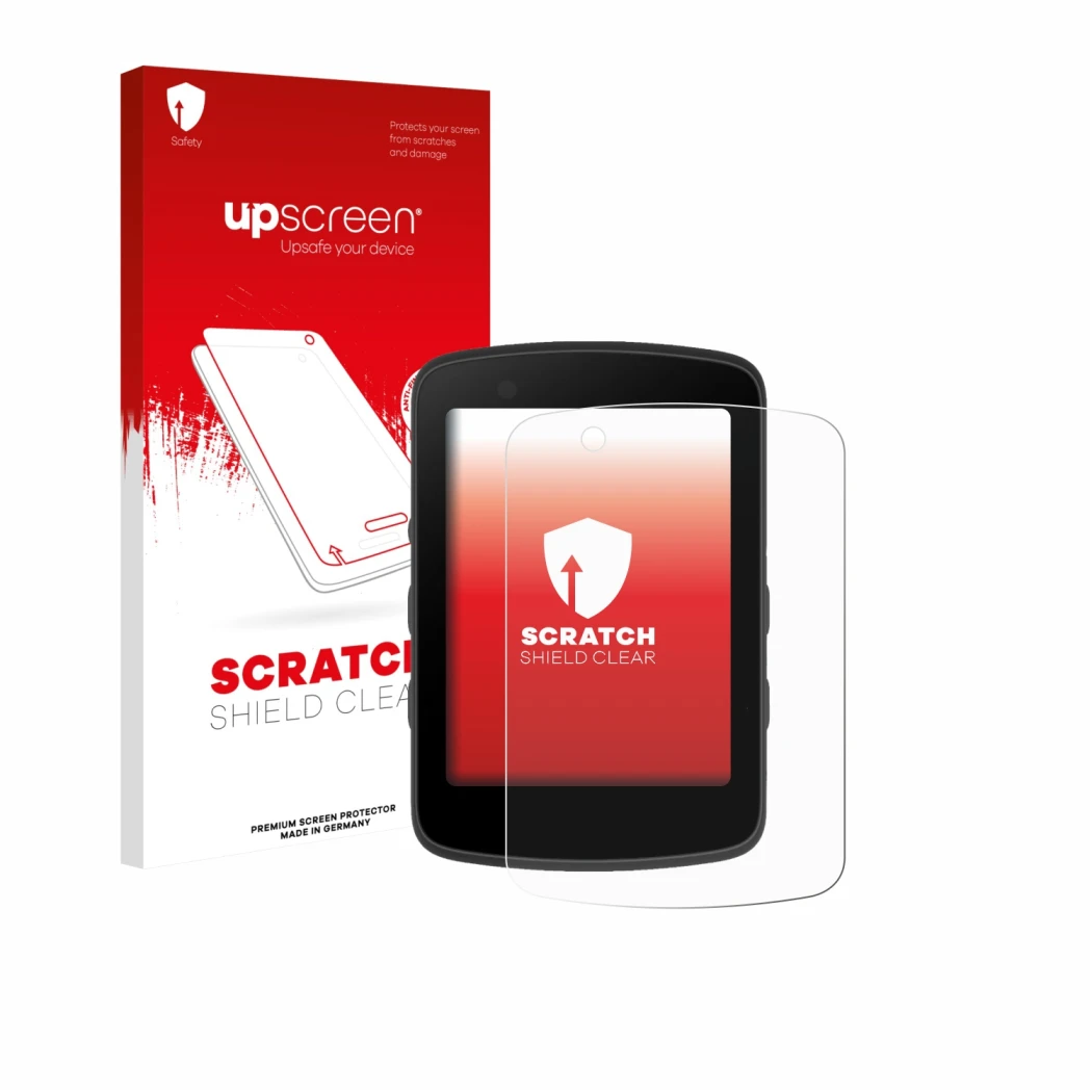 Parte frontal de un envase de producto con el logotipo de la marca upscreen. Al lado se muestra el dispositivo Bryton Rider 65