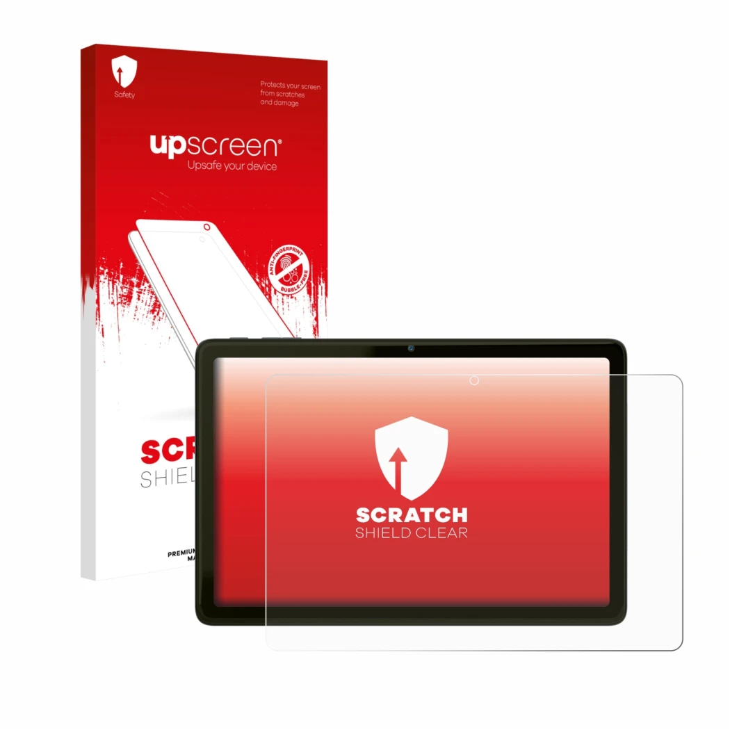 Parte frontal de un envase de producto con el logotipo de la marca upscreen. Al lado se muestra el dispositivo VALE Tablet V10