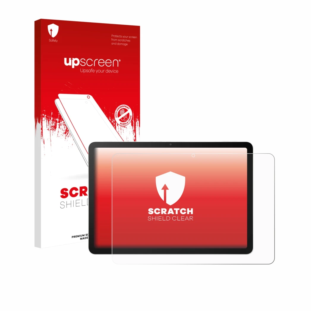 Parte frontal de un envase de producto con el logotipo de la marca upscreen. Al lado se muestra el dispositivo Wacom MovinkPad
