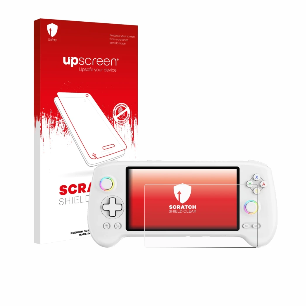 Parte frontal de un envase de producto con el logotipo de la marca upscreen. Al lado se muestra el dispositivo Anbernic RG557