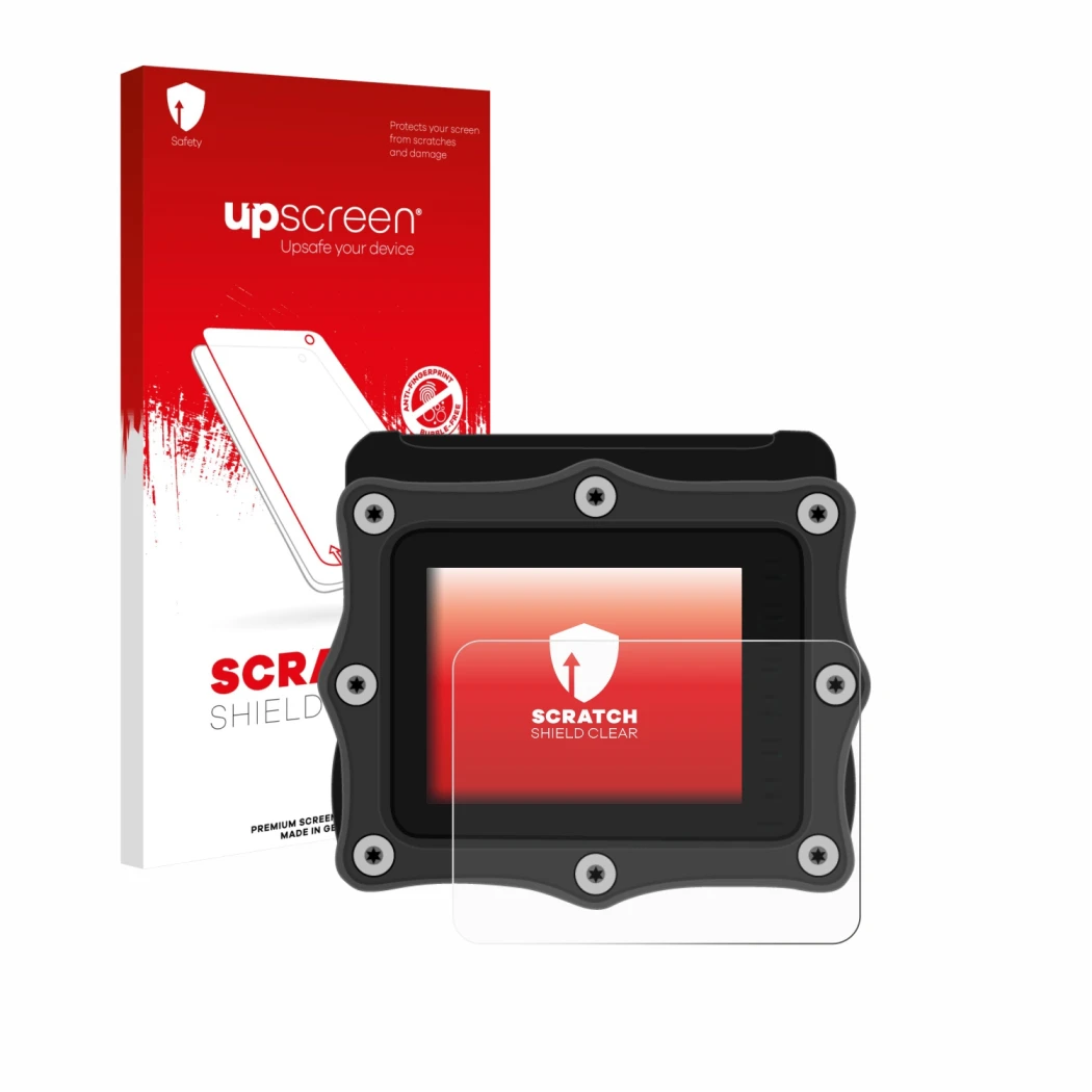 Parte frontal de un envase de producto con el logotipo de la marca upscreen. Al lado se muestra el dispositivo Shearwater Perd